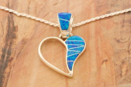 Navajo Artist Calvin Begay Fire and Ice Blue Opal Sterling Silver Heart Pendant